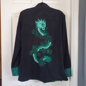 Kim Mai Black Green Silver Dragon Embroidered Kimono 100% Silk Size Small